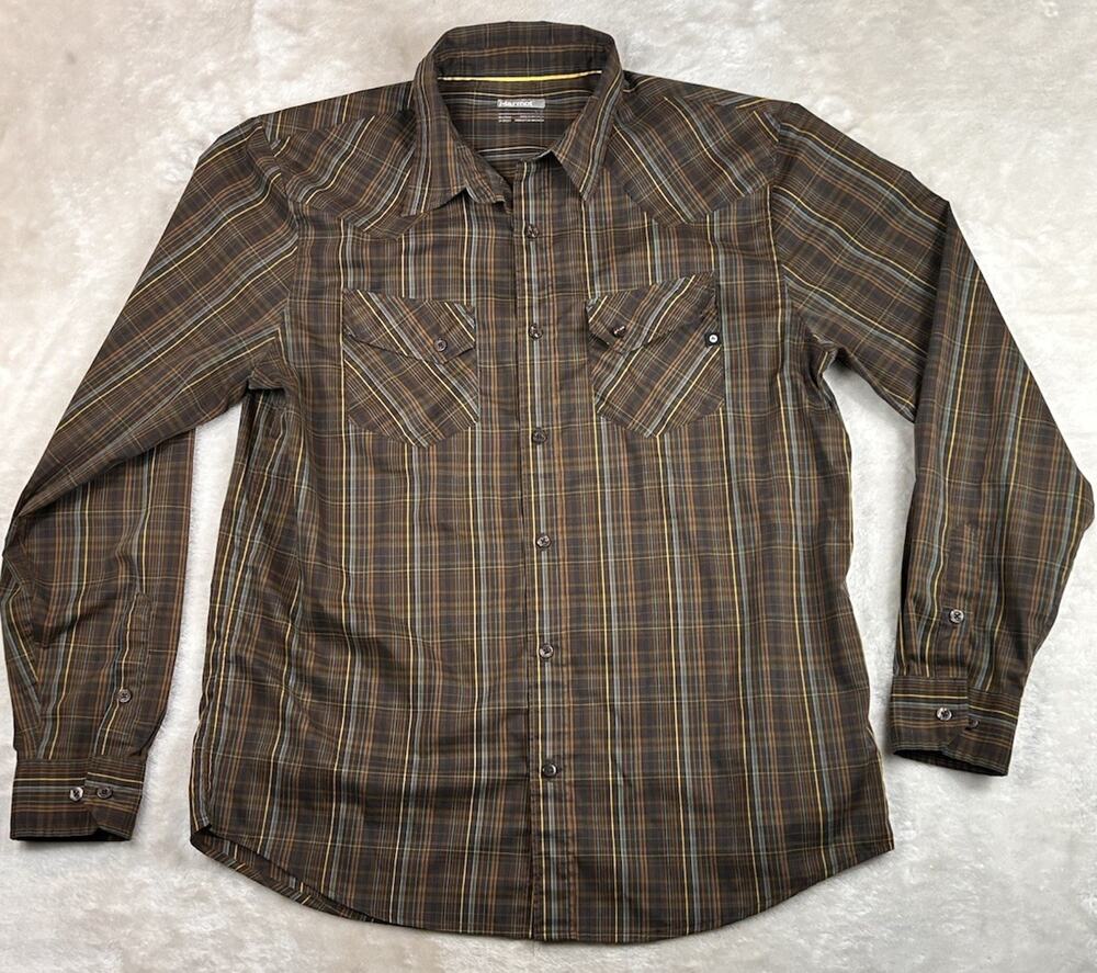 Marmot Shirt Mens Sz L Brown Lightweight Plaid Long Sleeve Button Up Hiking